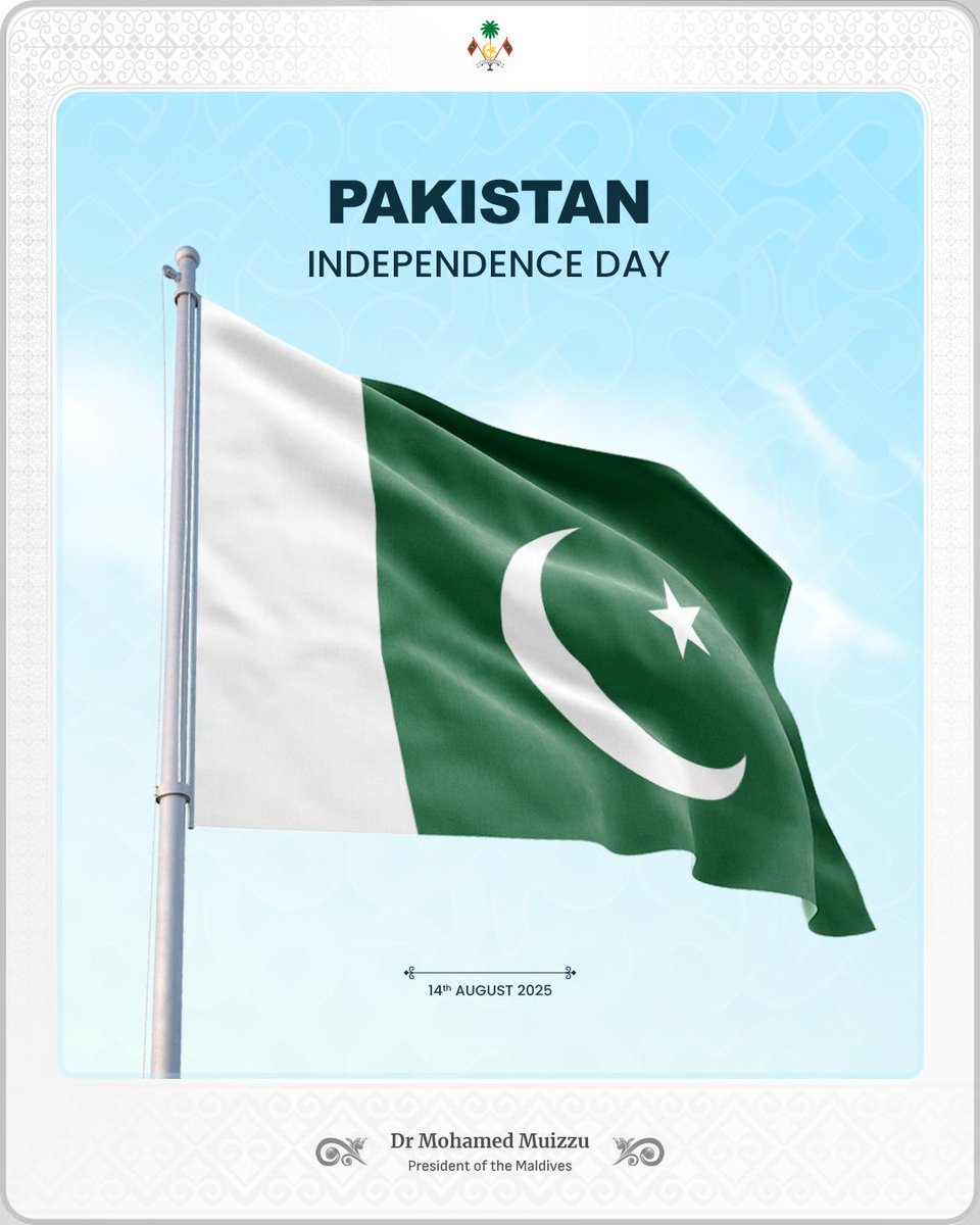 Dr Mohamed Muizzu (@mmuizzu) on Twitter photo I convey my warmest greetings on the occasion of the Independence Day of Pakistan to HE President Asif Ali Zardari <a href="/AAliZardari/">AsifAliZardari</a>, HE Prime Minister Muhammad Shehbaz Sharif <a href="/CMShehbaz/">Shehbaz Sharif</a>, the Government, and the fraternal people of Pakistan.
As Pakistan celebrates this momentous day, I convey my warmest greetings on the occasion of the Independence Day of Pakistan to HE President Asif Ali Zardari <a href="/AAliZardari/">AsifAliZardari</a>, HE Prime Minister Muhammad Shehbaz Sharif <a href="/CMShehbaz/">Shehbaz Sharif</a>, the Government, and the fraternal people of Pakistan.
As Pakistan celebrates this momentous day,