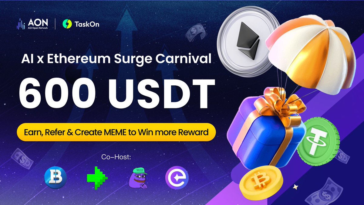 AGIOpenNetwork's tweet photo. AI x Ethereum Surge Carnival kicks off NOW! 🪂

🎁 Prize Pool: 600 USDT
📅 Aug 14 – Aug 28

How to Participate?
✅ Complete simple tasks on @TaskOnCampaigns → Win 500 USDT
🎨 Meme Challenge: Like, RT & Create a meme about the theme in comments → Win 50 USDT 💥
👥 Refer the quest to friends → Earn extra 50 USDT

🔗 Join now: https://t.co/PJ9Z2EUhWs
🔗 Extra 1000 USDT Rewards: https://t.co/2QKPCPAjJq

Co-Host: @BiconomyCom @TheNextDotGames @purplepepes0l @EchobitExchange 
 
Don't miss it, join now!