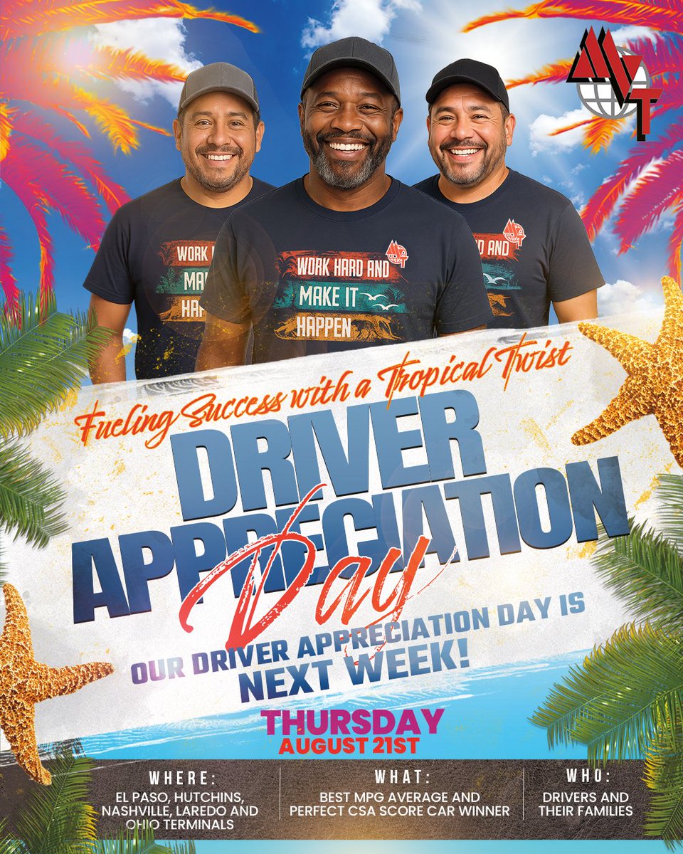 MVTServices's tweet image. Driver Appreciation Day is almost here!🎉

📅Thursday, Aug. 21 at MVT Terminals
🍔Food, fun, prizes &amp;amp; family activities
🏆Car Giveaway for top driver with Best MPG &amp;amp; Perfect CSA Score

Join us to celebrate our amazing MVT drivers and their families!

#TeamMVT #MVTStrong