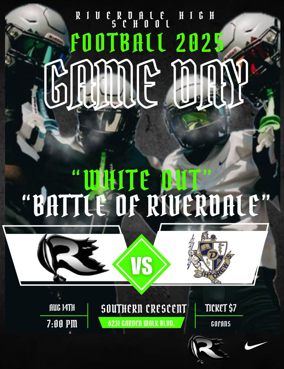 Riverdale High School Recruiting Page (@dalerecruit106) on Twitter photo Week 1 - Battle of Riverdale
vs Charles Drew
Date: Thursday, Aug 14
Location: Southern Crescent Stadium
Kickoff: 7:00 PM
Tickets: gofan.co/event/3964337
<a href="/ClayCoFBRecruit/">@ClayCoHSFBRecruits</a> <a href="/RecruitGeorgia/">Recruit Georgia</a> <a href="/NEGARecruits/">Northeast Georgia Recruits</a>
#BurnItDown Week 1 - Battle of Riverdale
vs Charles Drew
Date: Thursday, Aug 14
Location: Southern Crescent Stadium
Kickoff: 7:00 PM
Tickets: gofan.co/event/3964337
<a href="/ClayCoFBRecruit/">@ClayCoHSFBRecruits</a> <a href="/RecruitGeorgia/">Recruit Georgia</a> <a href="/NEGARecruits/">Northeast Georgia Recruits</a>
#BurnItDown