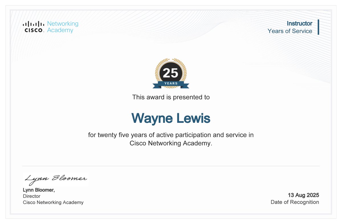 PCATTTweet's tweet image. Big congratulations to our very own Professor Wayne Lewis for 25 years of active participation and service with Cisco Networking Academy!  #CiscoNetworkingAcademy #25Years