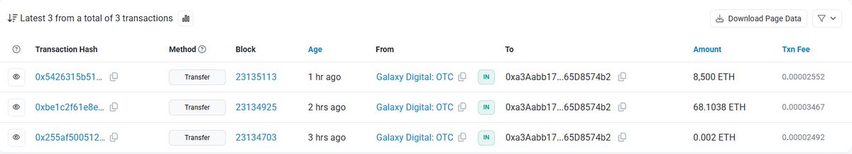 Galaxy Digital OTC에서 새 지갑으로의 Etherscan 거래