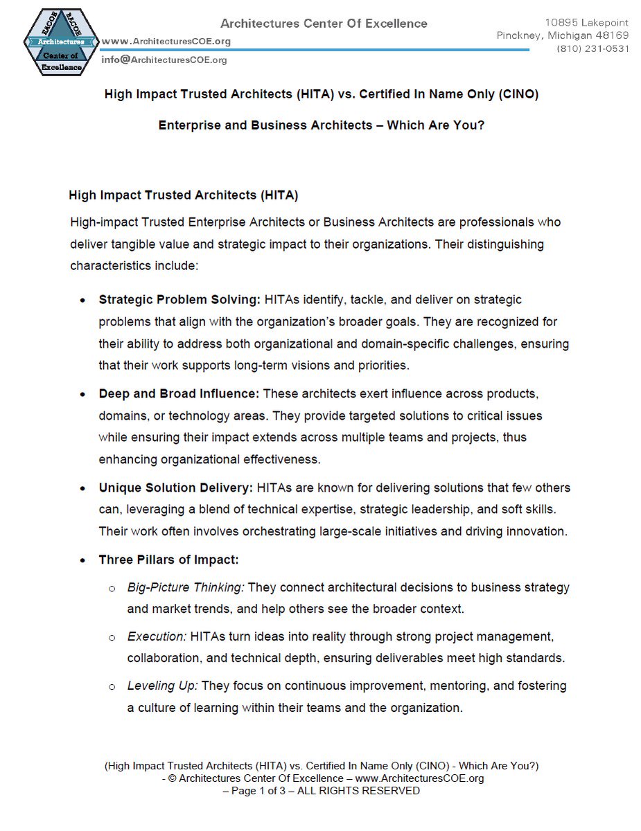 High Impact Trusted Architects (HITA) vs. Certified In Name Only (CINO) Enterprise and Business Architects – Which Are You?

Read full article: architecturescoe.org/resourcesall/h…