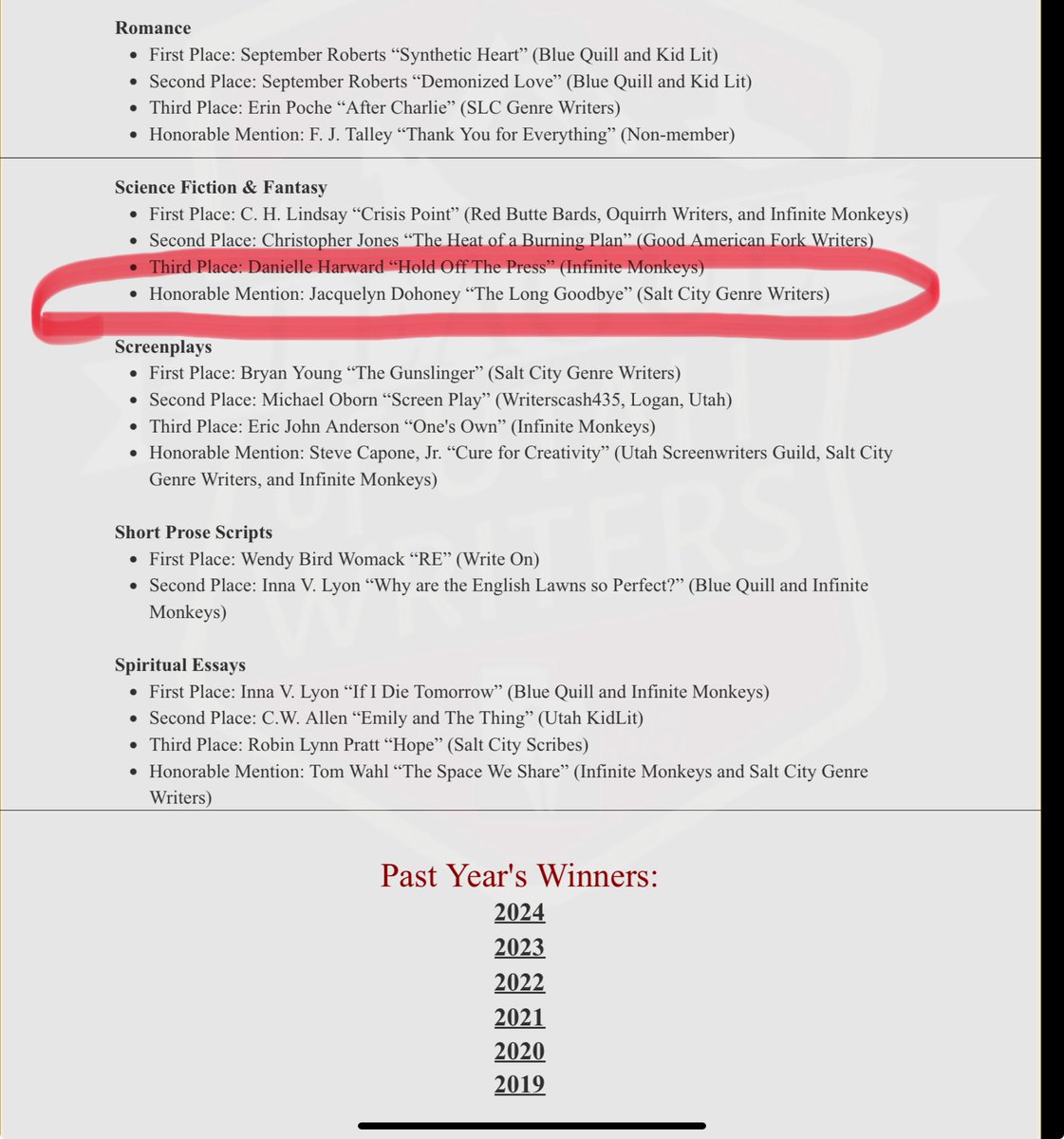 👀!!! 

Some big things have happened over the last few days!

I snagged honorable mentions for both of my entries for the 2025 Olive Woolley Burt Awards! SFF and Creative Nonfiction!

#WritingCommunity #AmWriting #AmRevising #ShortStory #UtahAuthor #TheLeagueOfUtahWriters