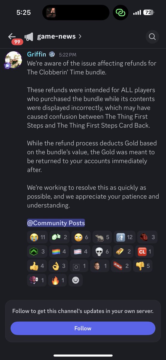 So for those who have purchased the Clobbing Time bundle which give us a card back that’s was the bundle that was being requested a refund thanks to <a href="/grims_abyss/">Psyduck</a> for the tweet here is the post that they said on discord!!