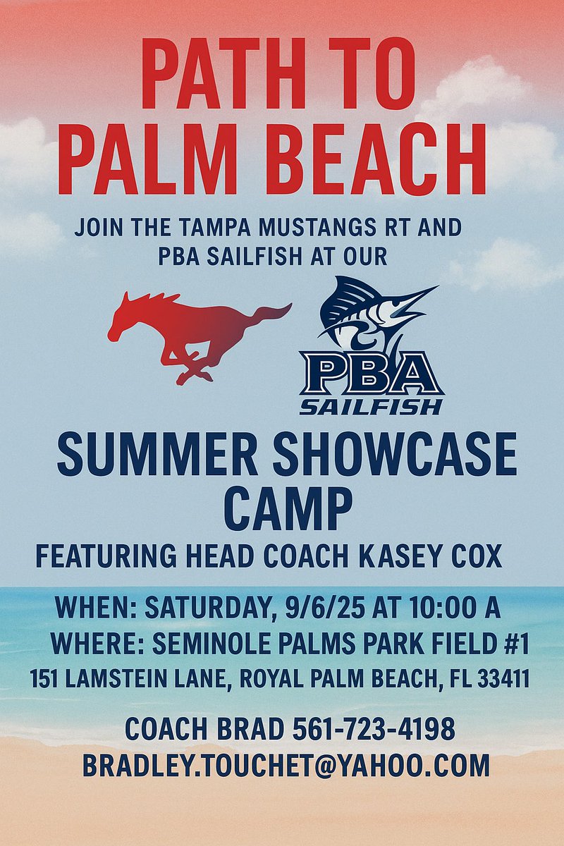 We will have a showcase with <a href="/coachKasey/">Kasey Cox</a> from <a href="/SailfishSB/">PBA Softball</a> on Sept 6.  If interested reach out to <a href="/BradTouchet/">Bradley Touchet</a>.  <a href="/alidubois_/">Ali DuBois</a> <a href="/TampaMustangs/">Tampa Mustangs</a>
