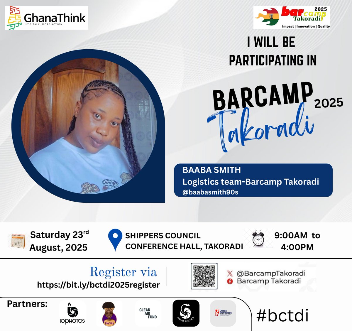 Join #bctdi volunteers Precious Ode &amp; Baaba Smith <a href="/BaabaSmith90s/">Baaba Smith</a> @ #BarcampTakoradi on August 23 @ Shippers Council Conference Hall, #Takoradi.
They #volunteeringh. 
Register via:
bit.ly/bctdi2025regis…

cc @Volunteeringh @BarcampGhana <a href="/jabdulai/">جميلة • Jemila✨</a> @efuaisenuf <a href="/Jemmygh/">Petty L'abelle</a> <a href="/Kuukuwa_/">Kuukuwa Manful</a>