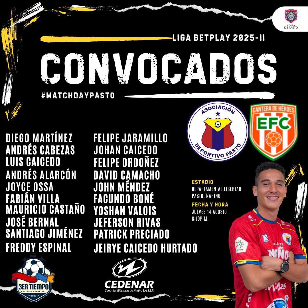 Sebastián Hurtado (@sebashurtado93) on Twitter photo Los convocados de Camilo Ayala para el cuarto partido de <a href="/DeporPasto/">Asociación Deportivo Pasto</a> en Liga.
📌 Novedades en la lista:
🔚 Salen: Juan Manuel Valencia, Herving Goyes y Gonzalo Ritacco
🔜 Regresan Mauricio Castaño y Johan Caicedo tras superar molestias físicas. “Popocho” vuelve a ser citado y Los convocados de Camilo Ayala para el cuarto partido de <a href="/DeporPasto/">Asociación Deportivo Pasto</a> en Liga.
📌 Novedades en la lista:
🔚 Salen: Juan Manuel Valencia, Herving Goyes y Gonzalo Ritacco
🔜 Regresan Mauricio Castaño y Johan Caicedo tras superar molestias físicas. “Popocho” vuelve a ser citado y