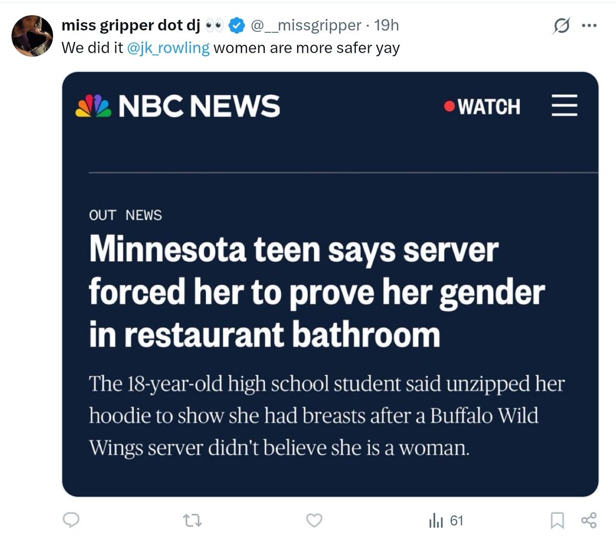 No one "forced" the teen to disrobe, she did that entirely on her own which is clear in the story.  That was an inflammatory headline decision made by a biased editor, behavior that's encouraged at NBC.  <a href="/__missgripper/">miss gripper dot dj 👀</a> didn't link to the story to hide that fact since all TRAs are