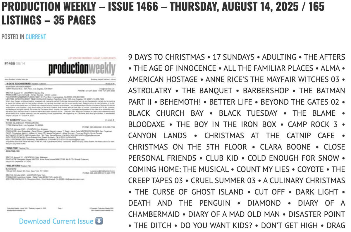 prodweek's tweet image. Production Weekly - Issue 1466 - Thursday, August 14, 2025 / 165 Listings - 35 Pages

Download Current Issue ⬇️

productionweekly.com/production-wee…