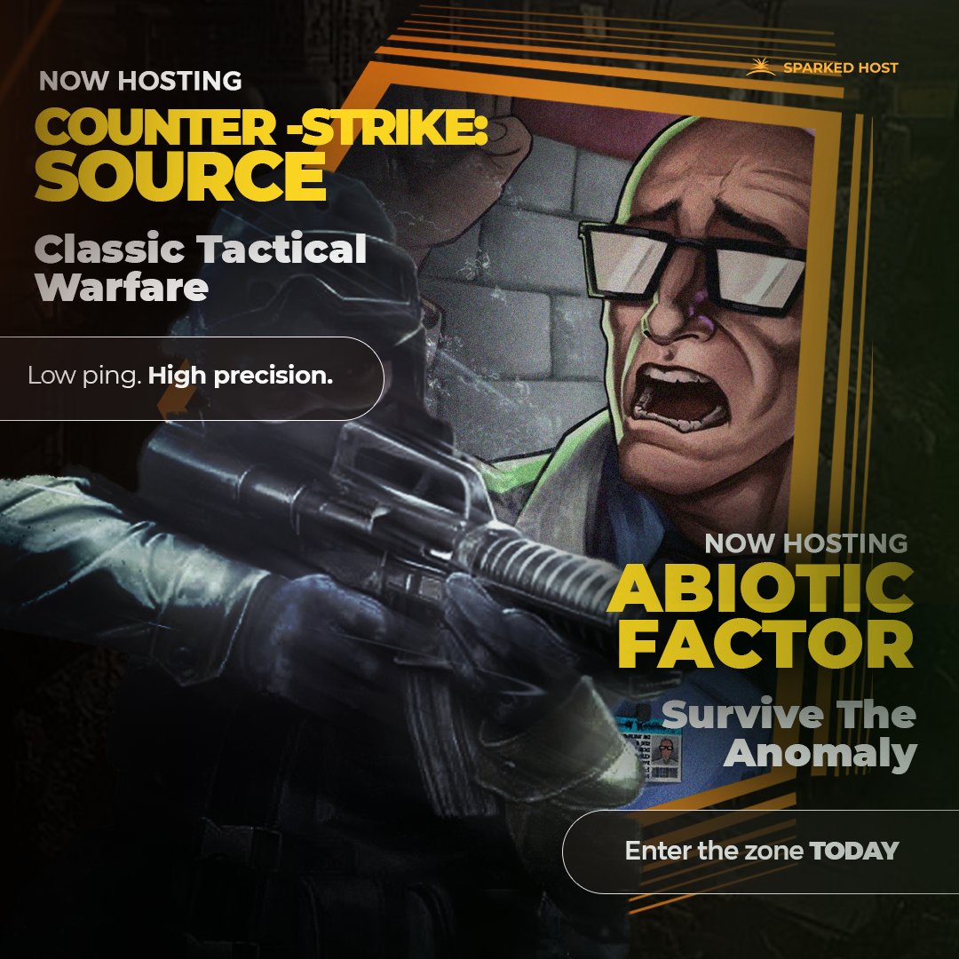 Abiotic Factor and Counter-Strike: Source servers are now live at Sparked Host.

Use ABOTIC20 for 20% off your first 3 months of Abiotic Factor hosting.
Use CSS20 for 20% off your first 3 months of Counter-Strike: Source hosting.

Start your server today, link in bio.