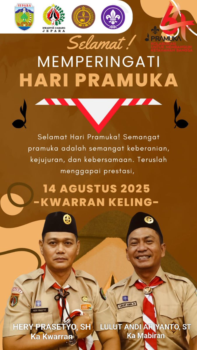 KecamatanKeling's tweet photo. Selamat Memperingati Hari Pramuka ke-64 Tahun 2025
14 Agustus 1961 - 14 Agustus  2025 

#Kecamatankeling
#KecamatanKeling
Website :
📷https://t.co/HENmvlMWaF
Paket Wisata :
📷 https://t.co/ySMWutKs0S https://t.co/bCpp5YCCPl