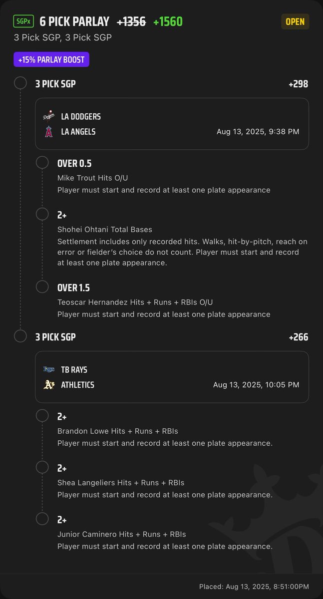 1312allcats's tweet photo. I am bored, here is a parlay for Dodgers v Angels and Rays v A's!!
https://t.co/KjAvkR3IfY
#MLB #PlayerProps #SGP #SGPx #GamblingX #SportsBettingX #GamblingCommunity #Dodgers #Angels #Rays #Athletics #LosAngeles #TempaBay #Oakland https://t.co/NybnmehKJM