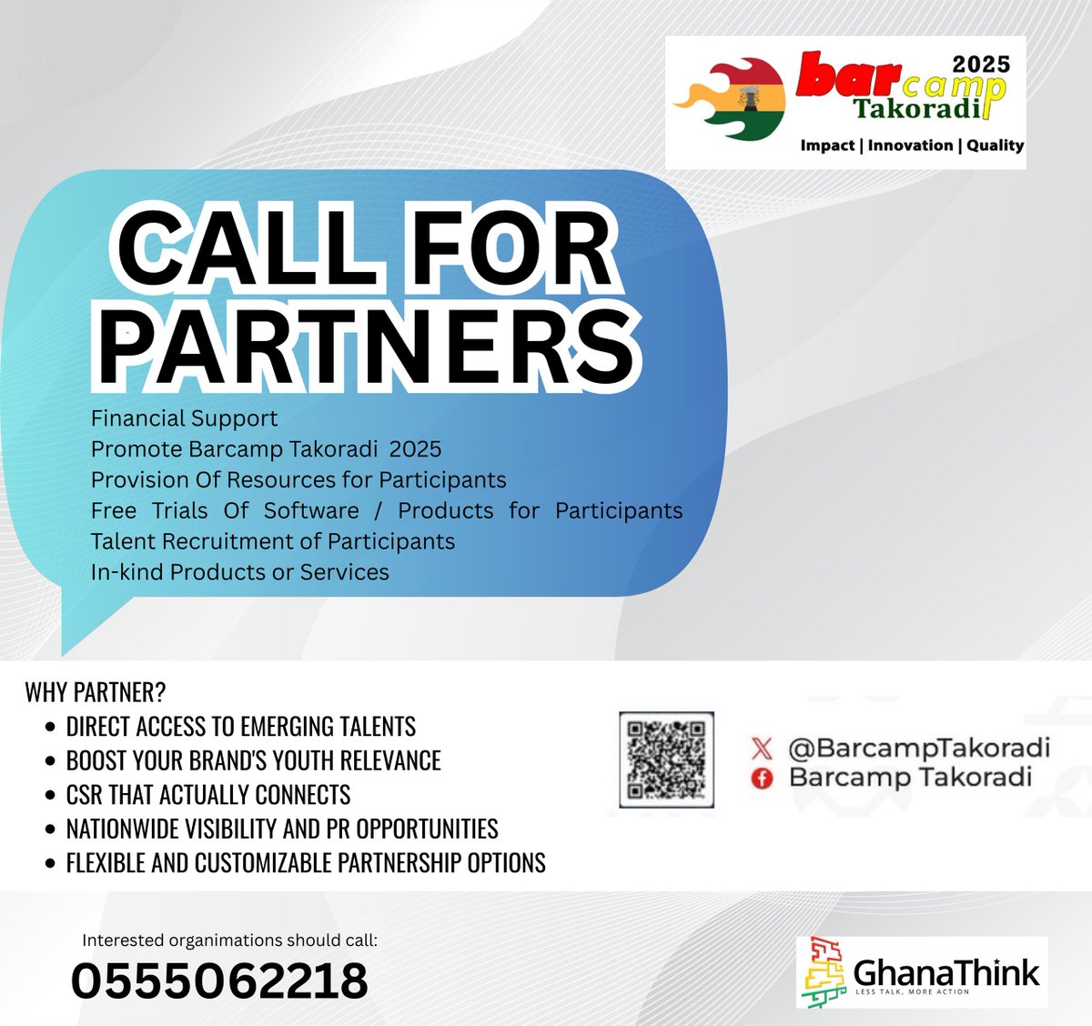 Are you a company based in #Sekondi-#Takoradi?
Partner with #BarcampTakoradi through Financial Support| Provision of Resources| In-kind Products or services| etc
Gain 
- Access to emerging talents
- Brand boosting
- Visibility &amp; PR Opportunities

Contact: 0555062218 #bctdi