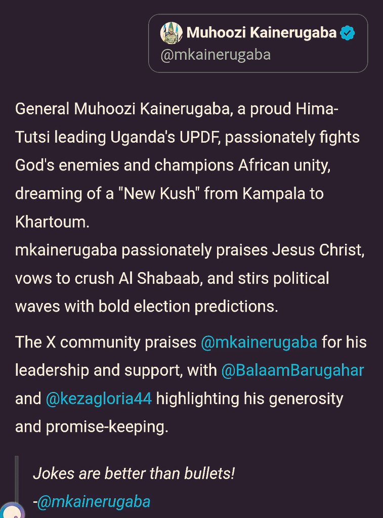 Kevin @20s (@kevin_at20s) on Twitter photo Y'all must be informed.
Here's what you love <a href="/mkainerugaba/">Muhoozi Kainerugaba</a>. "JOKES ARE BETTER THAN BULLETS! " Y'all must be informed.
Here's what you love <a href="/mkainerugaba/">Muhoozi Kainerugaba</a>. "JOKES ARE BETTER THAN BULLETS! "