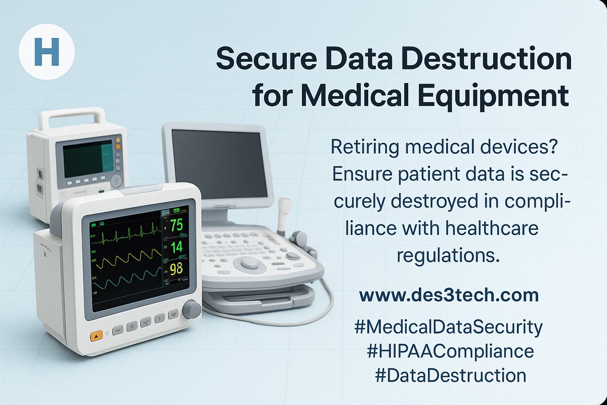 DES3Tech's tweet image. 🏥 Retiring medical devices? Ensure secure data destruction to stay HIPAA compliant.
Patient privacy matters.
🔗 des3tech.com
#MedicalDataSecurity #HIPAACompliance #DataDestruction #DES3Tech