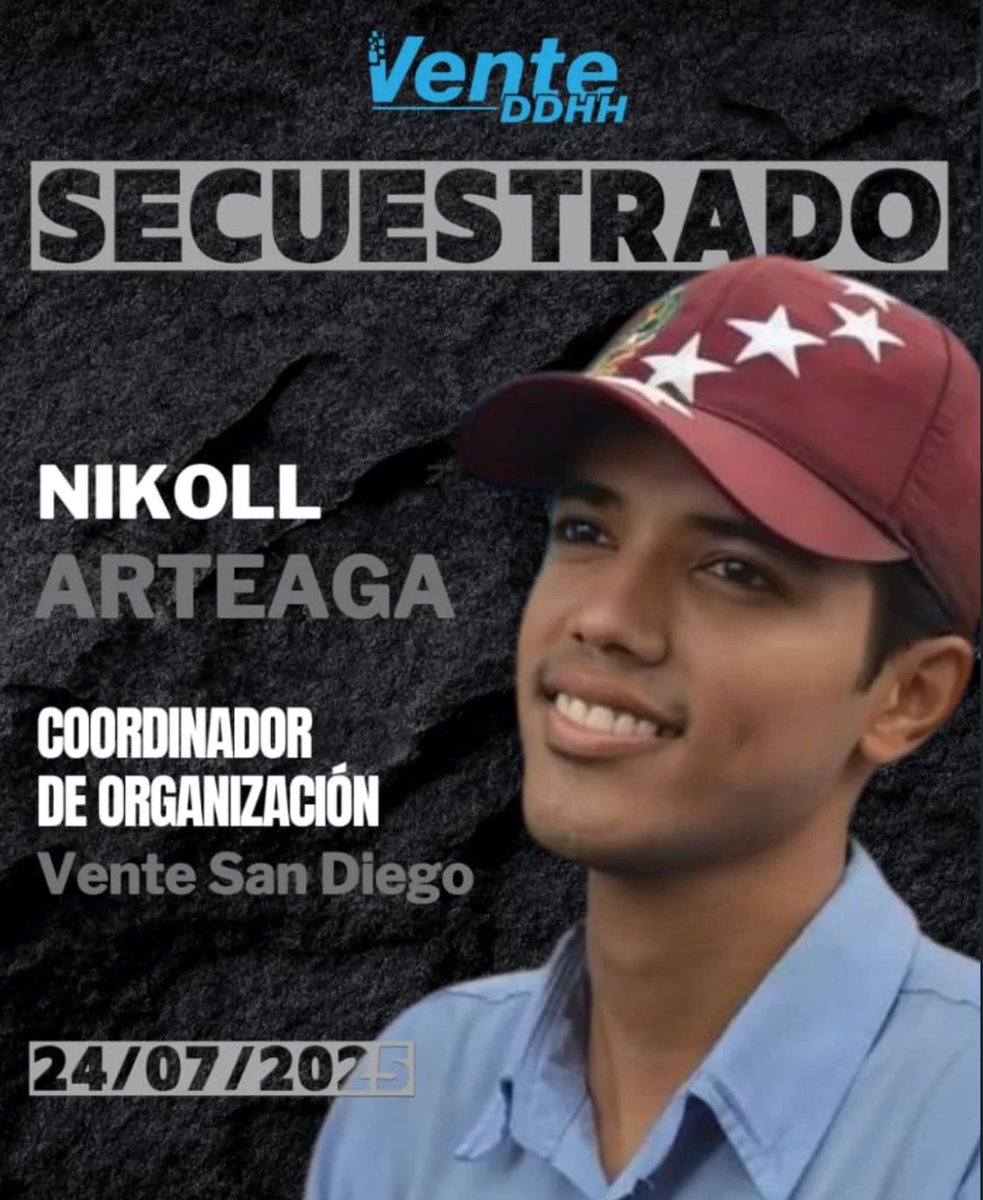 Vente Mundo (@vente_mundo) on Twitter photo Hoy se cumplen 20 días del secuestro de Nikoll Arteaga, secretario político de <a href="/VenteVenezuela/">Vente Venezuela</a> en Carabobo.
Funcionarios armados se lo llevaron a la fuerza en Valencia. Desde entonces, permanece detenido arbitrariamente.
Seguimos alzando la voz por él, hasta que sea libre. Hoy se cumplen 20 días del secuestro de Nikoll Arteaga, secretario político de <a href="/VenteVenezuela/">Vente Venezuela</a> en Carabobo.
Funcionarios armados se lo llevaron a la fuerza en Valencia. Desde entonces, permanece detenido arbitrariamente.
Seguimos alzando la voz por él, hasta que sea libre.