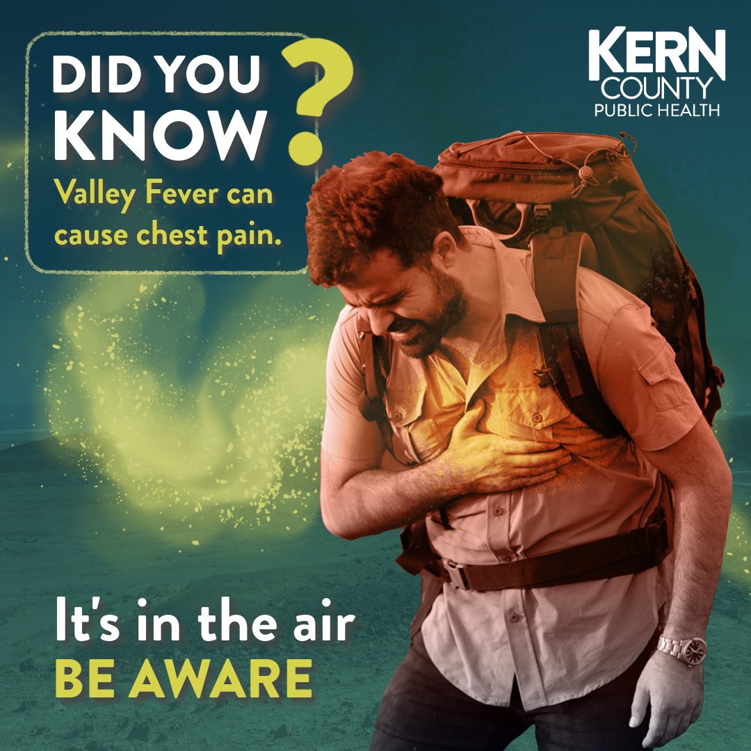 Feeling chest pain? Don't brush it off—act now! Reach out to your doctor or healthcare provider today. Your health is too important to wait!

Chest pain is one of many symptoms someone with Valley Fever can have. Learn more at kernpublichealth.com.