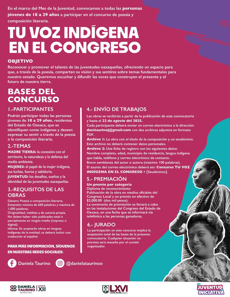 En el marco del Mes de la Juventud, convocamos a todas las personas jóvenes de 18 a 29 años a participar en el concurso de poesía y composición literaria. 🙋🏼‍♀️

“TU VOZ INDÍGENA EN EL CONGRESO”.

⬇️ ¡Consulta las bases! ⬇️

#DT #DistritoXII #DanielaTaurino #SantaLucíadelCamino
