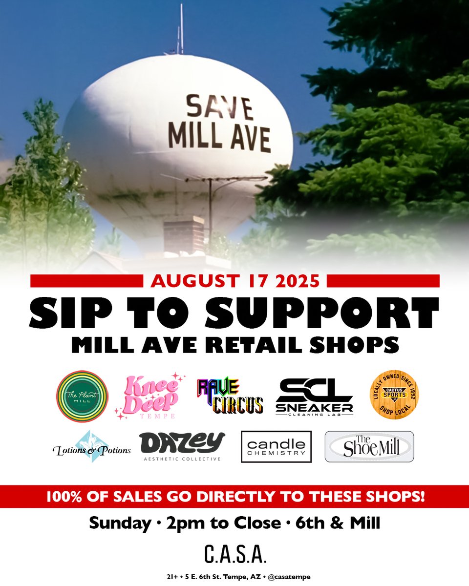 CactusSportsAZ's tweet image. Mill Ave has had a tough year with construction &amp;amp; closures. This Sunday, August 17th, @casatempe is donating 100% of sales to support other retail neighbors, like us! Every drink helps keep Mill’s history &amp;amp; culture alive ❤️