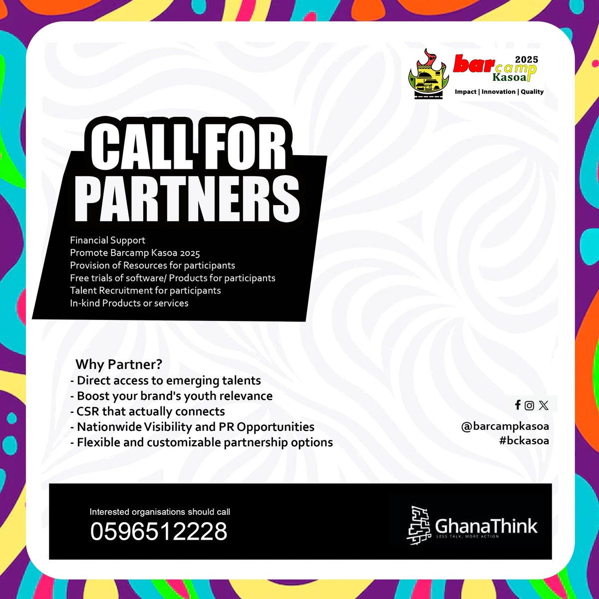 Are you a company based in #Kasoa?
Partner with #BarcampKasoa through Financial Support| Provision of Resources| In-kind Products or services| etc
Gain
- Access to emerging talents
- Brand boosting
- Visibility &amp; PR Opportunities
Contact: 0596512228 #bckasoa #KasoaKonnect