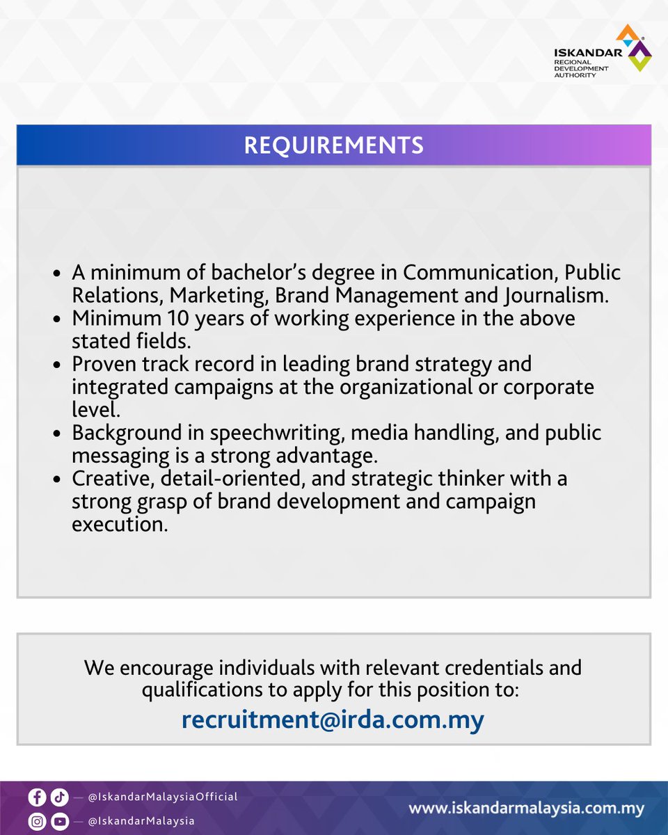 Iskandar Malaysia (@iskandarmsia) on Twitter photo JOB VACANCY - VICE PRESIDENT, CONTENT & BRANDING
STRATEGIC COMMUNICATIONS
We encourage individuals with relevant credentials and qualifications to apply for this position to :
recruitment@irda.com.my
Closing date : 27 August 2025 JOB VACANCY - VICE PRESIDENT, CONTENT & BRANDING
STRATEGIC COMMUNICATIONS
We encourage individuals with relevant credentials and qualifications to apply for this position to :
recruitment@irda.com.my
Closing date : 27 August 2025