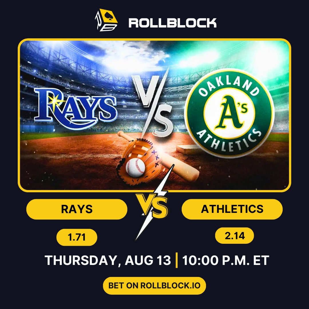 Rollblockcasino's tweet image. It’s game time under the lights! ⚾

The Oakland Athletics go head-to-head with the Tampa Bay Rays in a clash full of big swings and bigger plays!

Who’s walking away with the win tonight? 🌟

#OaklandAthletics #TampaBayRays #MLB