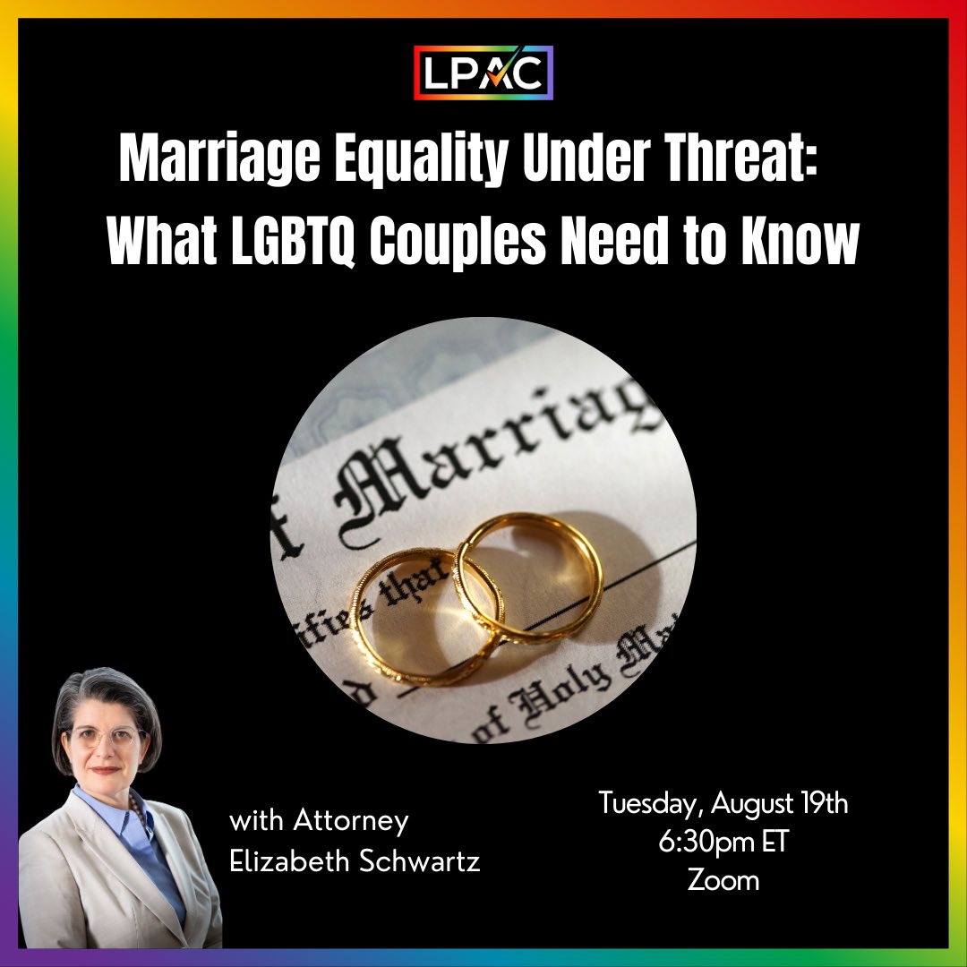 🚨Marriage equality is under threat.

SCOTUS is being asked to overturn Obergefell. What happens next?

Join LPAC + LGBTQ family law expert Liz Schwartz Tuesday for a virtual briefing on what’s at stake—&amp; how to protect our rights.

📍 Zoom | All welcome

us02web.zoom.us/meeting/regist…