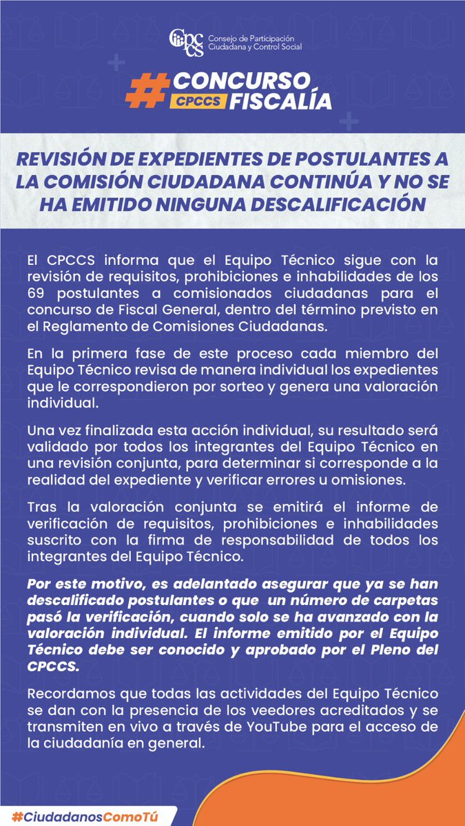 🔴 IMPORTANTE

La revisión de expedientes de postulantes a la Comisión Ciudadana de Selección del concurso de Fiscal General del Estado continúa y NO se ha emitido ninguna descalificación.
⬇️