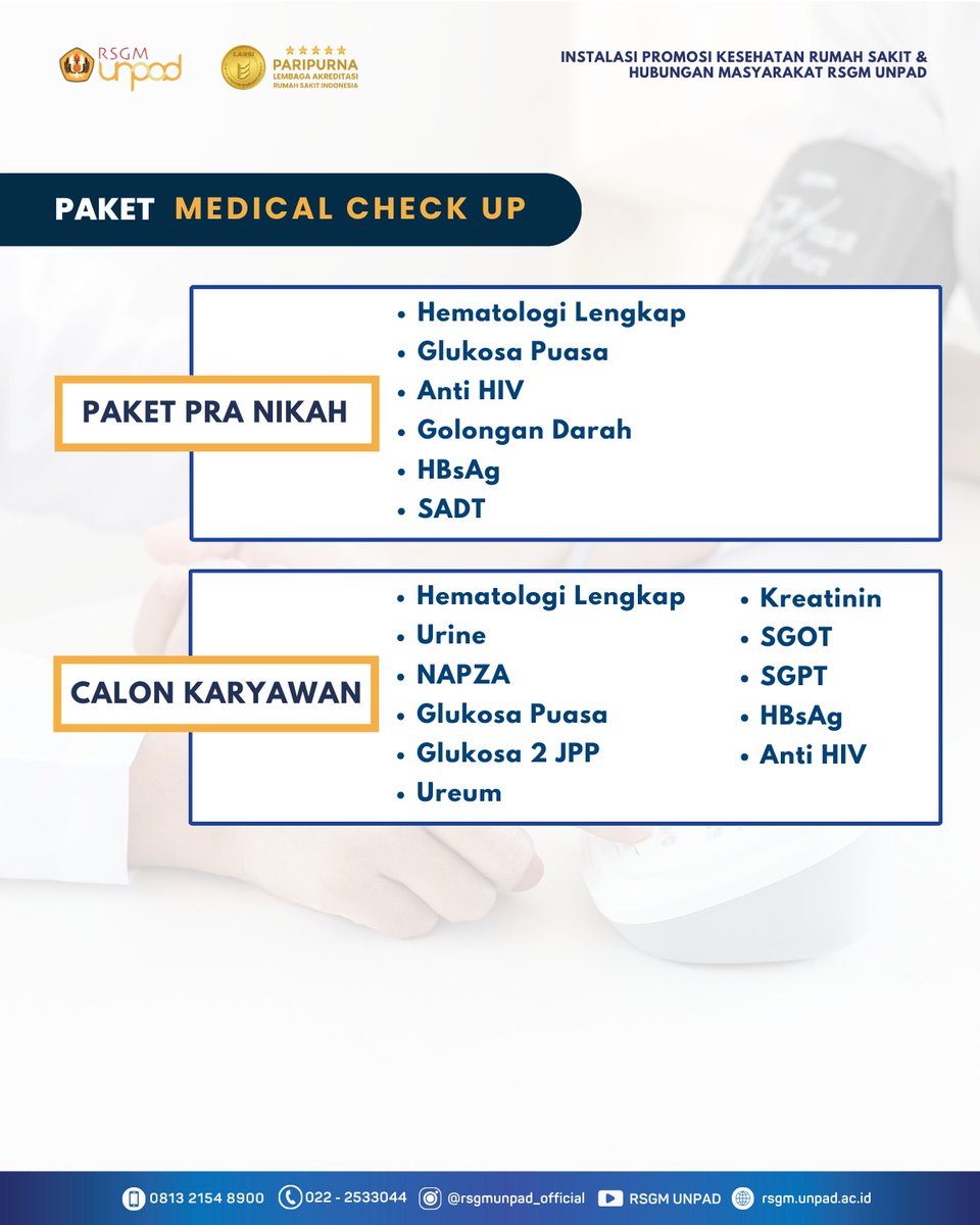 [PELAYANAN LABORATORIUM KLINIK RSGM UNPAD]

Hallo Sahabat RSGM UNPAD 👋
Ingin tahu jenis pelayanan laboratorium klinik apa saja yang bisa dilakukan di RSGM UNPAD? Yuk kita simak informasi diatas.

RSGM UNPAD, Melayani dengan Sepenuh Hati ✨

#RSGMUnpad