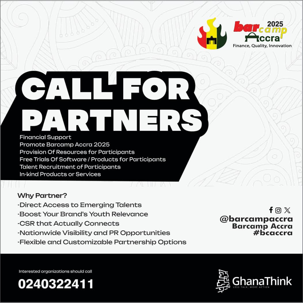 Are you a company based in #Accra?
Partner with #BarcampAccra through Financial Support| Provision of Resources| In-kind Products or services| etc
Gain
- Access to emerging talents
- Brand boosting
- Visibility &amp; PR Opportunities
Contact: 0240322411 #bcaccra #AccraKonnect