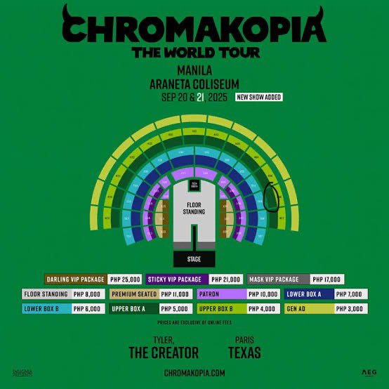 dorikarts's tweet photo. wts lfb ph
rfs: conflict in sched

DAY 1 Smart Araneta Coliseum - September 20, 2025 

Tyler, The Creator - CHROMAKOPIA: THE WORLD TOUR MANILA

(1) upper box a lba ticket
Section: 406-PORT14
Row: 3
Seat: 11
₱4,750 only

(secured under @/375haechanradio proof below) https://t.co/CYE0bnuQc9