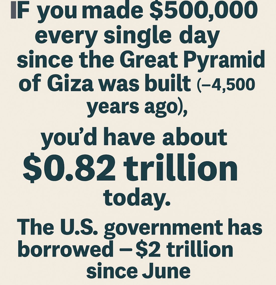 If you made $500,000 every single day since the Great Pyramid of Giza was built (4,500 years ago), you’d have about $0.82 trillion today.
The US government has borrowed **$2 trillion** since June of 2025.
That’s more than double your 4,500-year fortune.
