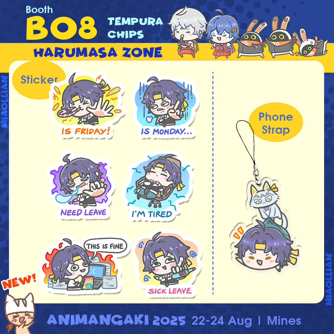 Catalogue of #animangaki2025  2/2 !
Booth B08 #TempuraChips
#ZenlessZoneZero #Pikmin #TakopisOriginalSin #miyabee #section6