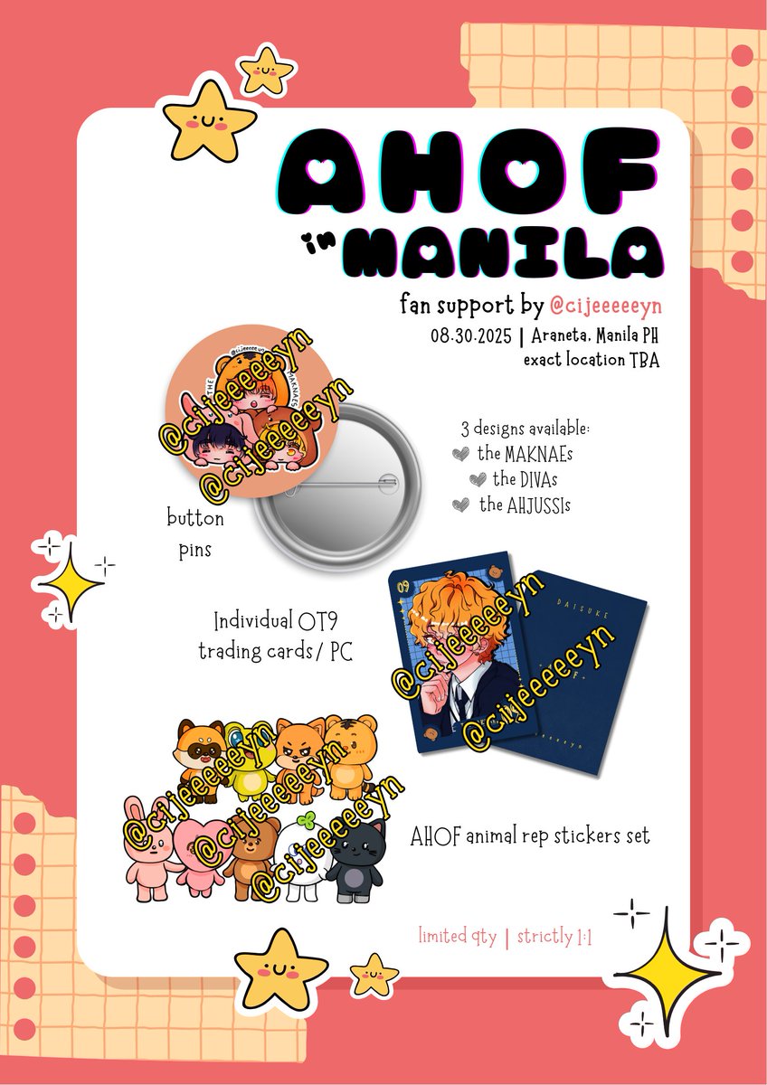 cijeeeeeyn's tweet photo. Freebies Update~
If you saw my initial post and donated to @ARTforAHOF, please send me a dm to confirm your own set from me as promised.. โฃ๏ธ
#AHOF #์ํ
@AHOF_official
#RENDEZVOUSinMANILA #AHOFfancon https://t.co/rNqlYY7ySH