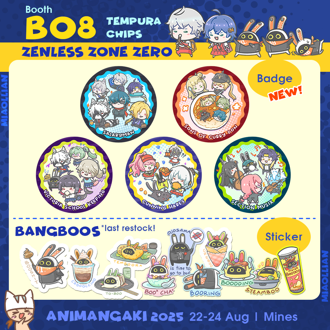 MiaoLLian1's tweet photo. Catalogue of #animangaki2025  1/2 !
Booth B08 #TempuraChips
#ZenlessZoneZero #Pikmin #TakopisOriginalSin #miyabee #section6 https://t.co/JsaOZeyeGC