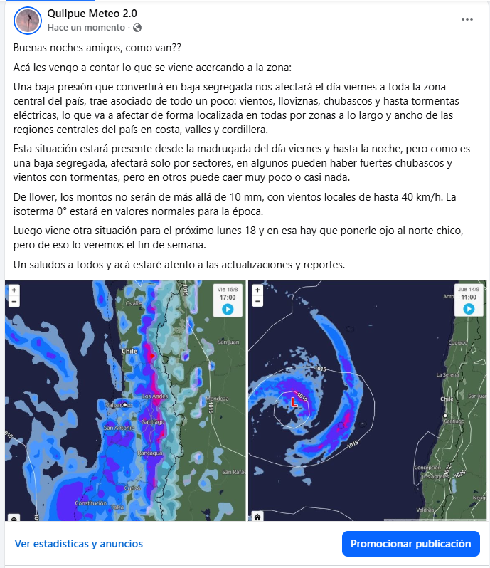 Buenas noches amigos.

Viene un núcleo frío en camino, y traerá de todo un poco a las regiones de la zona central del país este viernes 15.
Les dejo el detalle abajo 👇👇

#lluvias