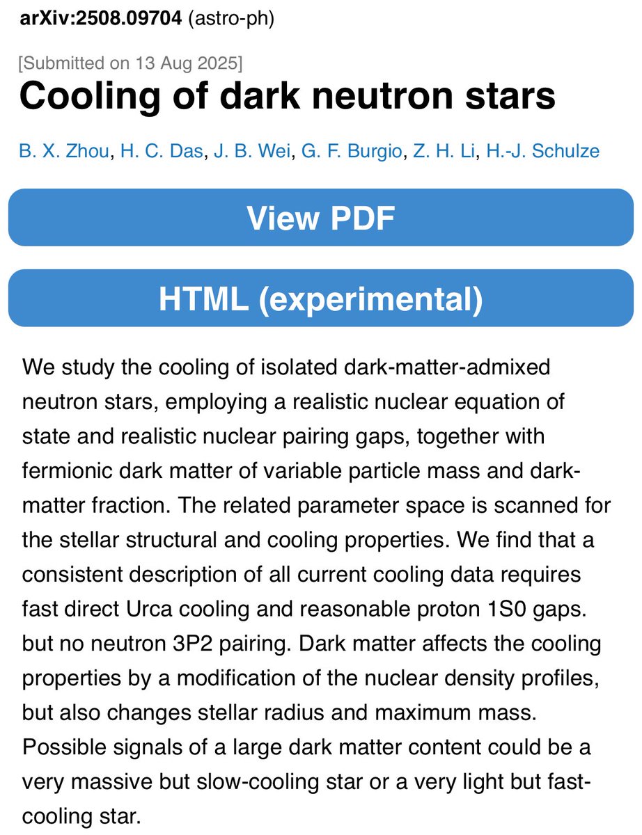 hcdas_astro's tweet photo. New Paper entitled “Cooling of dark neutron stars” where we discuss how dark matter cools neutron stars significantly when it accumulates inside the neutron stars. This is a smoking gun signature to detect dark matter as an indirect way. 
See https://t.co/cfbUxodsu1 https://t.co/KDlTRIViM6