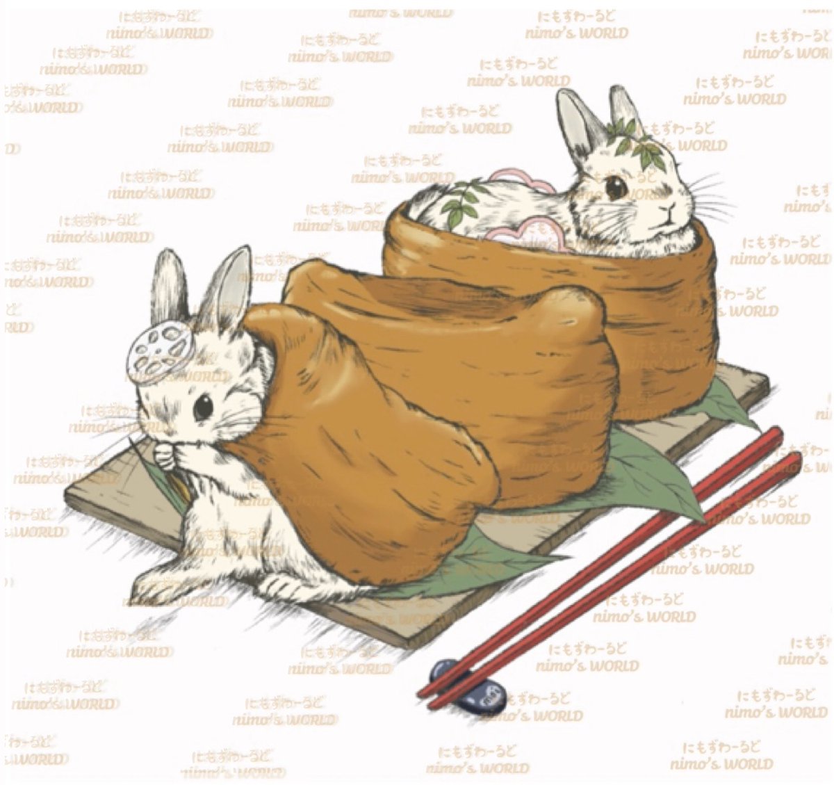 新作「おいなりうさぎ」
うさぎ×食べ物シリーズ6
稲荷寿司🍙になっちゃったうさぎさん🐇
あれ？1匹逃げようとしてますよ！w

#イラスト #うさぎイラスト #芸術の輪
#art #foodillustration #cuteart #可愛いとおもったらRT #私を布教して #うさぎ×食べ物 #和食 #稲荷寿司 #和