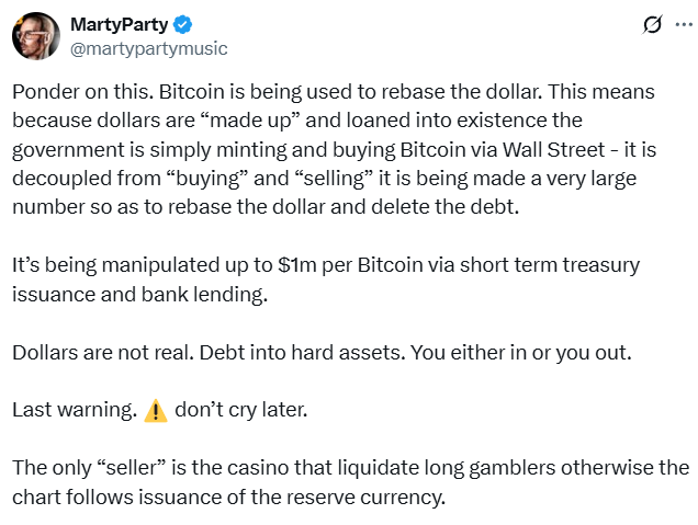 JamesWynnReal's tweet photo. ''Dollars are not real''.
 
Do you understand yet?
 
This is why I love the ethos behind the @USDM_coin, slow and steady and then all at once.
 
Source: @martypartymusic https://t.co/31m5nPqciN