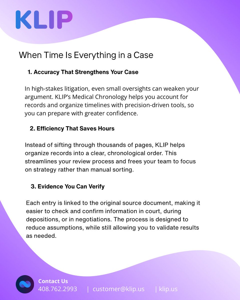 tryklip's tweet photo. Cut through medical record chaos with KLIP’s Medical Chronology. Fast. Accurate. Court-ready.

https://t.co/LU3pKDoptL

Book a demo today and make your legal practice easier &amp; faster.

#law #layer #paralegal #legaltech #lawfirm #legalai https://t.co/UeCz7YIJ3H