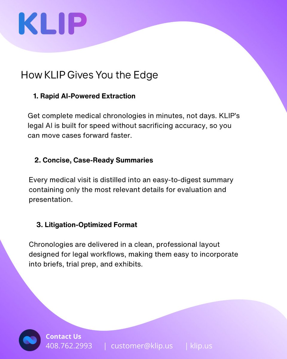 tryklip's tweet photo. Cut through medical record chaos with KLIP’s Medical Chronology. Fast. Accurate. Court-ready.

https://t.co/LU3pKDoptL

Book a demo today and make your legal practice easier &amp; faster.

#law #layer #paralegal #legaltech #lawfirm #legalai https://t.co/UeCz7YIJ3H