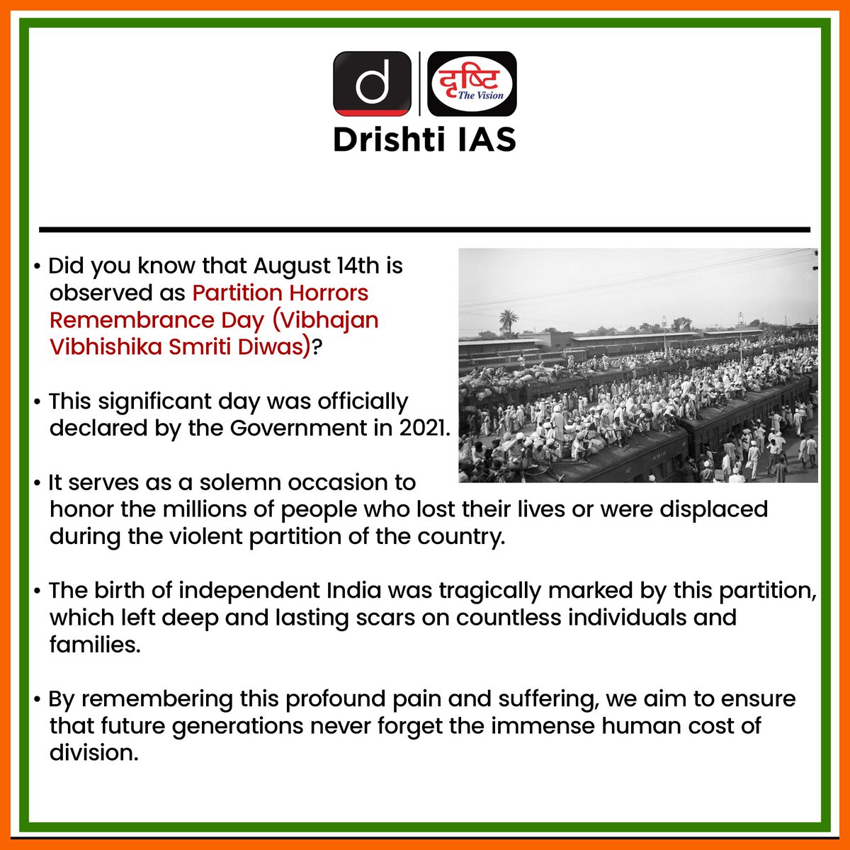 drishtiiaseng's tweet photo. Partition Horrors Remembrance Day 

#PartitionHorrorsRemembranceDay #IndependenceDay #Independence #Vibhajan #Partition1947 #Partition #NeverForgetPartition #VibhajanSmritiDiwas #RememberingPartition #PartitionHorrors #DrishtiIAS #DrishtiIASEnglish https://t.co/T3HBQoVi3j
