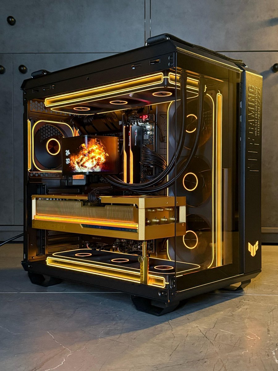 •AMD R7 9800X3D
•ROG Astral 5080 Dhahab CORE
•G.Skill 32GB 6000MHz CL30
•ROG CROSSHAIR X870E HERO
•MP700 Pro 1TB PCIe 5.0 (Gen 5)
•Kingston Fury 2TB Gen 4
•TRYX Panorama 360 AIO
•ASUS TUF 1200 Gold PSU
•Asus TUF Gaming GT502 Horizon M.T
•Jonsbo Fans