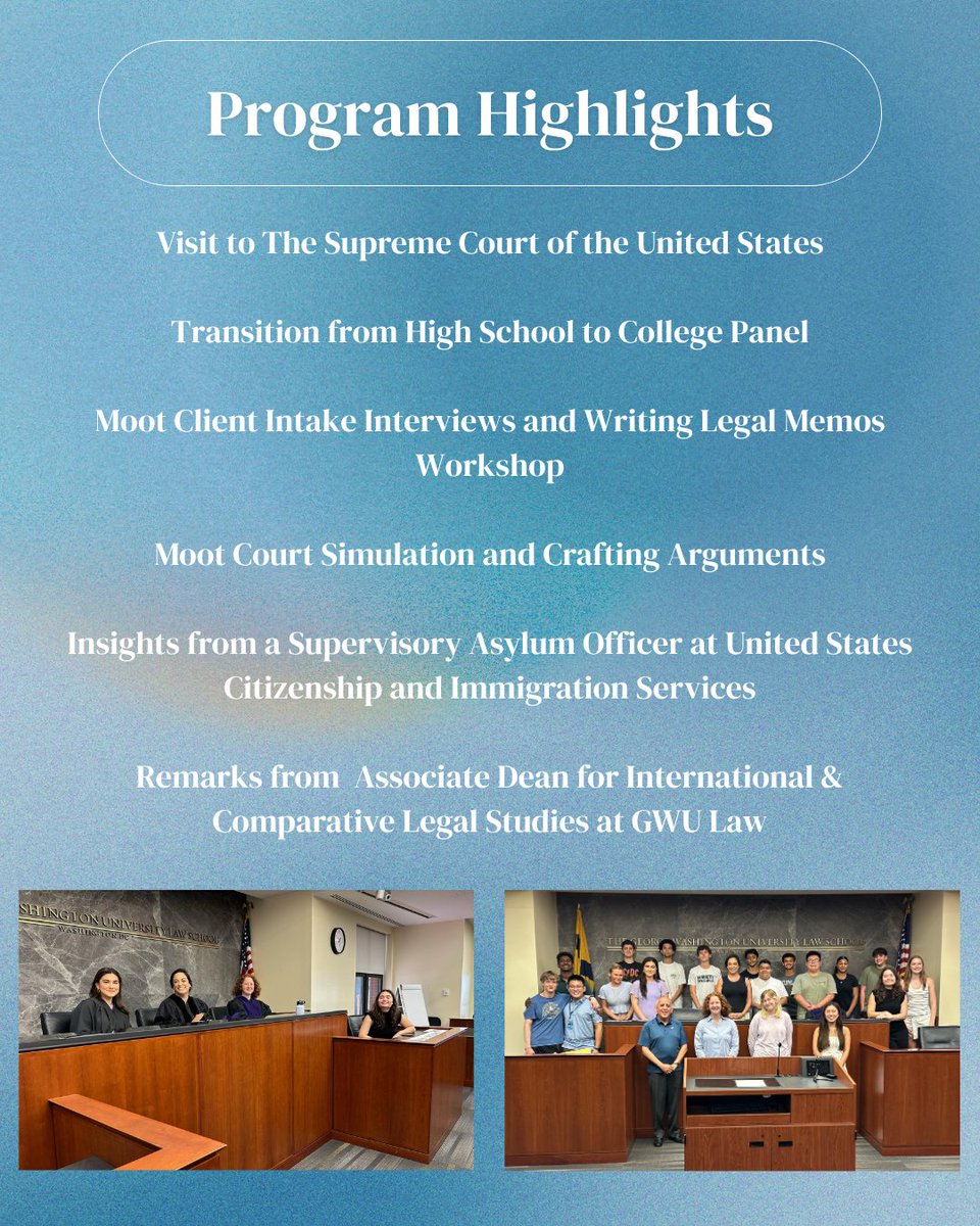 GWLaw_IC's tweet photo. This summer, Clinic faculty, staff &amp; interns joined GW’s Pre-College Program to teach U.S. Law: Exploring D.C. &amp; Federal Courts. High schoolers gained hands-on experience through client interviews, a mock trial &amp; moot court—stepping into roles of lawyers &amp; witnesses. https://t.co/vqho6t7tht