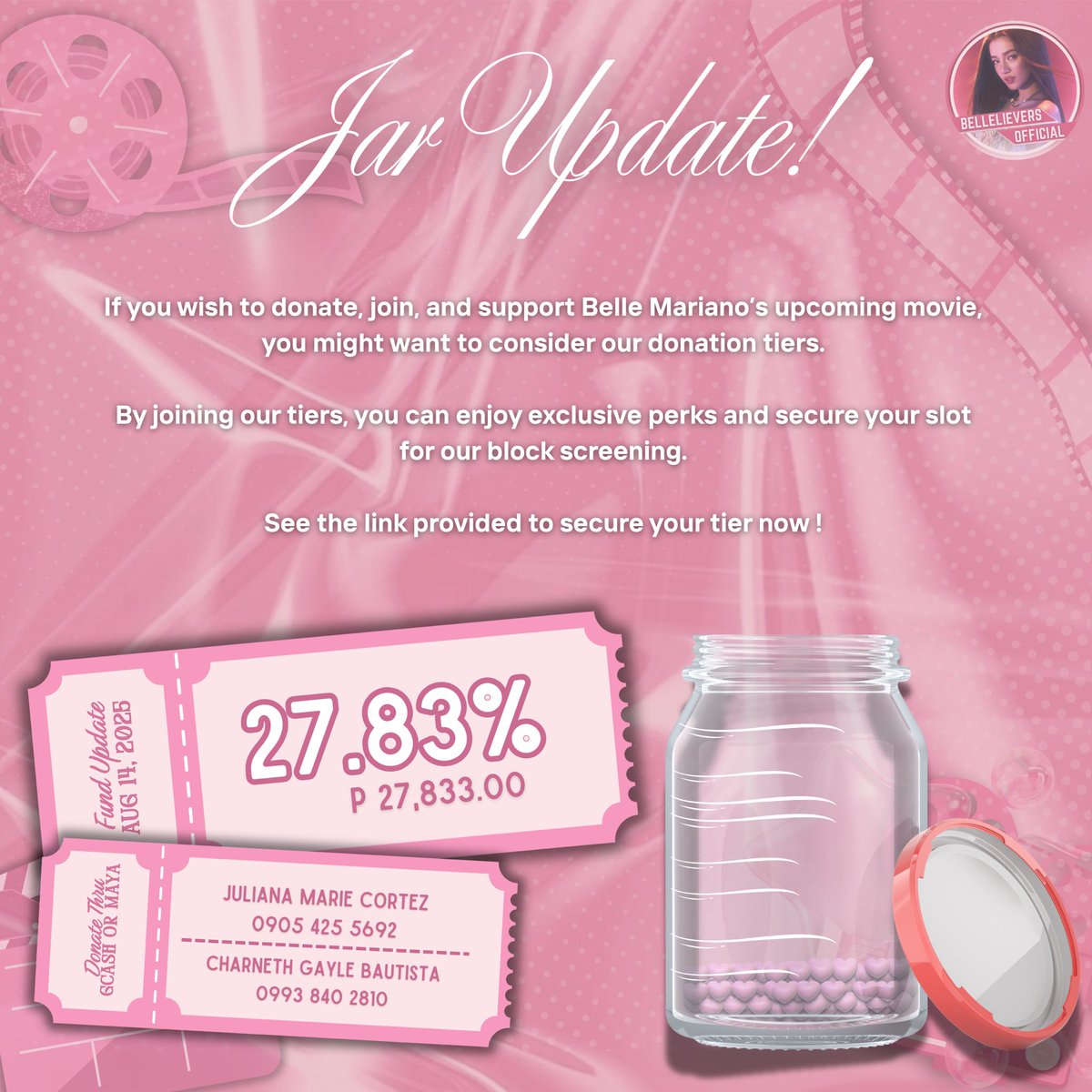 bellelieversofc's tweet photo. JAR UPDATE! 🫙

We've now reached 27.83% of our fundraising goal, and check donation tiers below to know the benefits you’ll get when you donate!

Secure your tier here: https://t.co/INUNsP4ENP https://t.co/zJ9JOtx0pz