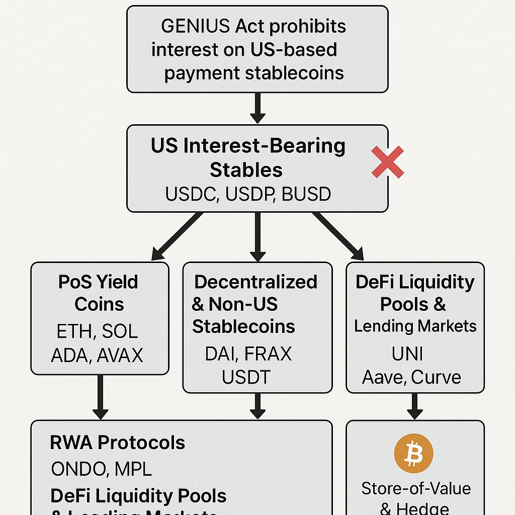 The GENIUS Act just killed yield on US-based payment stablecoins (USDC, Paxos, etc).

This will trigger a major liquidity rotation in crypto:

🔹 PoS staking coins: $ETH, $SOL, $ADA, $AVAX
🔹 Decentralized &amp; offshore stables: $DAI, $FRAX, $USDT
🔹 RWA protocols: $ONDO, $MPL
🔹