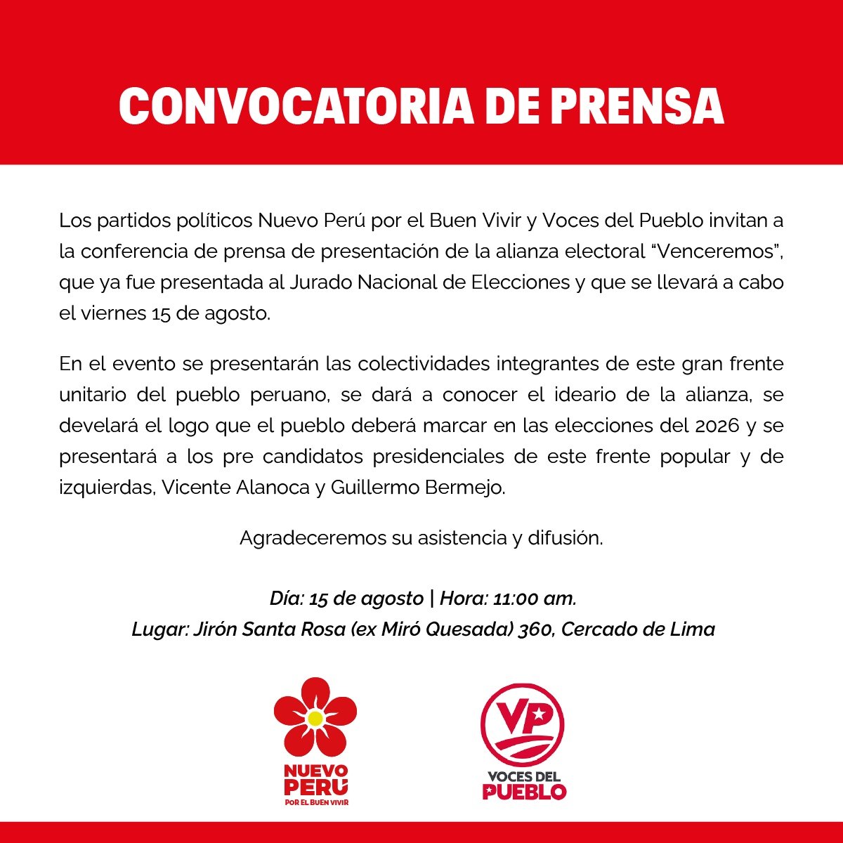 VocesDelPueblo6's tweet photo. 🚨 Este 15 de agosto presentamos oficialmente la Alianza Electoral “VENCEREMOS
 Acompáñanos en este gran evento junto a nuestros precandidatos presidenciales Guillermo Bermejo Rojas y Vicente Alanoca.

¡Por la Patria, Venceremos!

#Venceremos #AlianzaElectoral #nuevaconstitución https://t.co/OWTDCJ11Lf