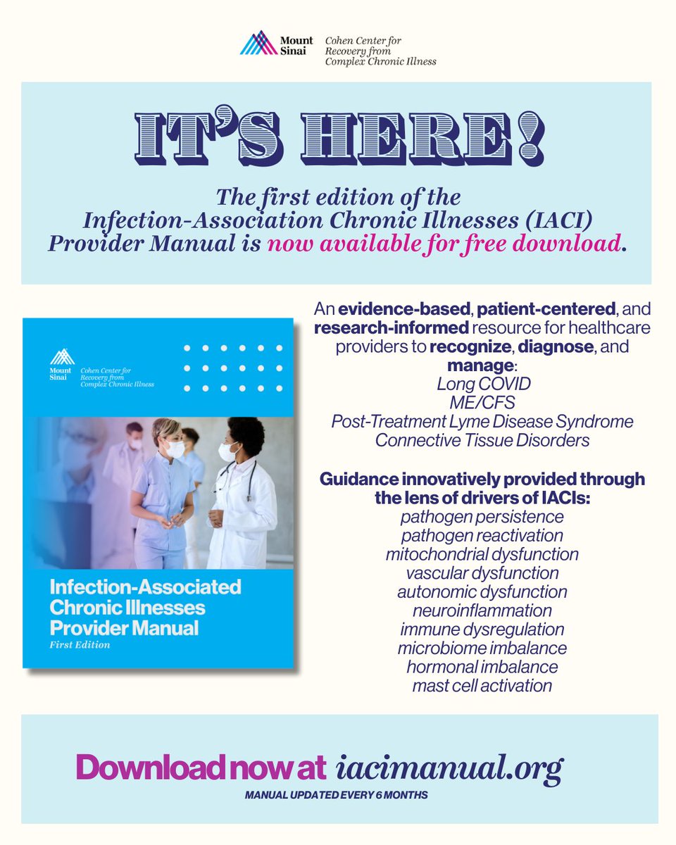 CoRESinai's tweet image. 1/ Millions are living with long-term illness after infection, often without answers.

Today, we’re launching the USA&apos;s first clinical manual for treating Infection-Associated Chronic Illnesses (IACIs).
#LongCOVID #MECFS #Lyme

🔗 Read the announcement: mountsinai.org/about/newsroom…