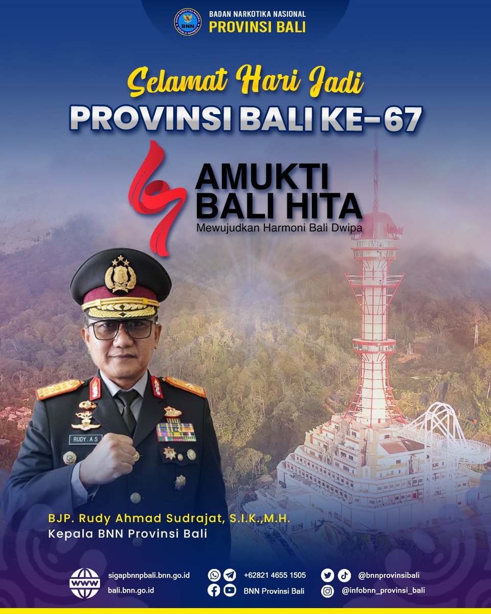Kepala BNN Provinsi Bali beserta staf dan jajaran mengucapkan

Selamat Hari Jadi ke-67 Provinsi Bali
"Amukti Bali Hita: Mewujudkan Harmoni Bali Dwipa"

Dirgahayu Provinsi Bali!
Bali Era Baru, Bersinar Tanpa Narkoba.
